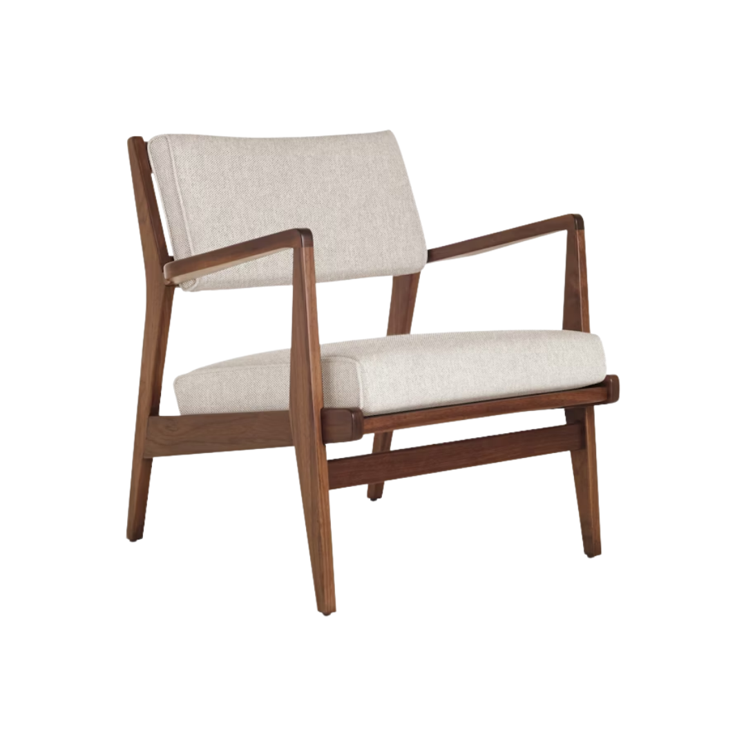 Modern Japandi style armchair Estilo with walnut wood frame and linen upholstery